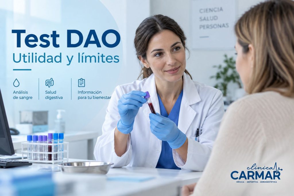 Profesional sanitaria mostrando un tubo de sangre a una paciente en una consulta sobre el Test DAO en Clínica Carmar