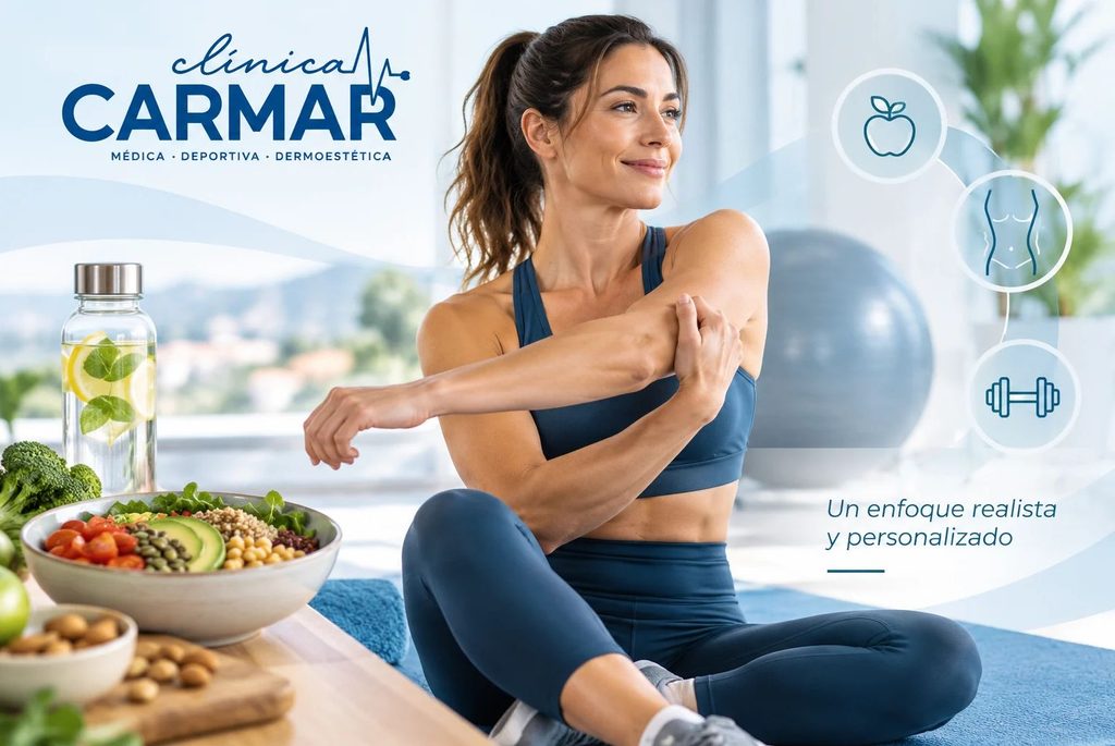 Mujer realizando ejercicio junto a alimentos saludables como parte de un enfoque para mejorar la composición corporal