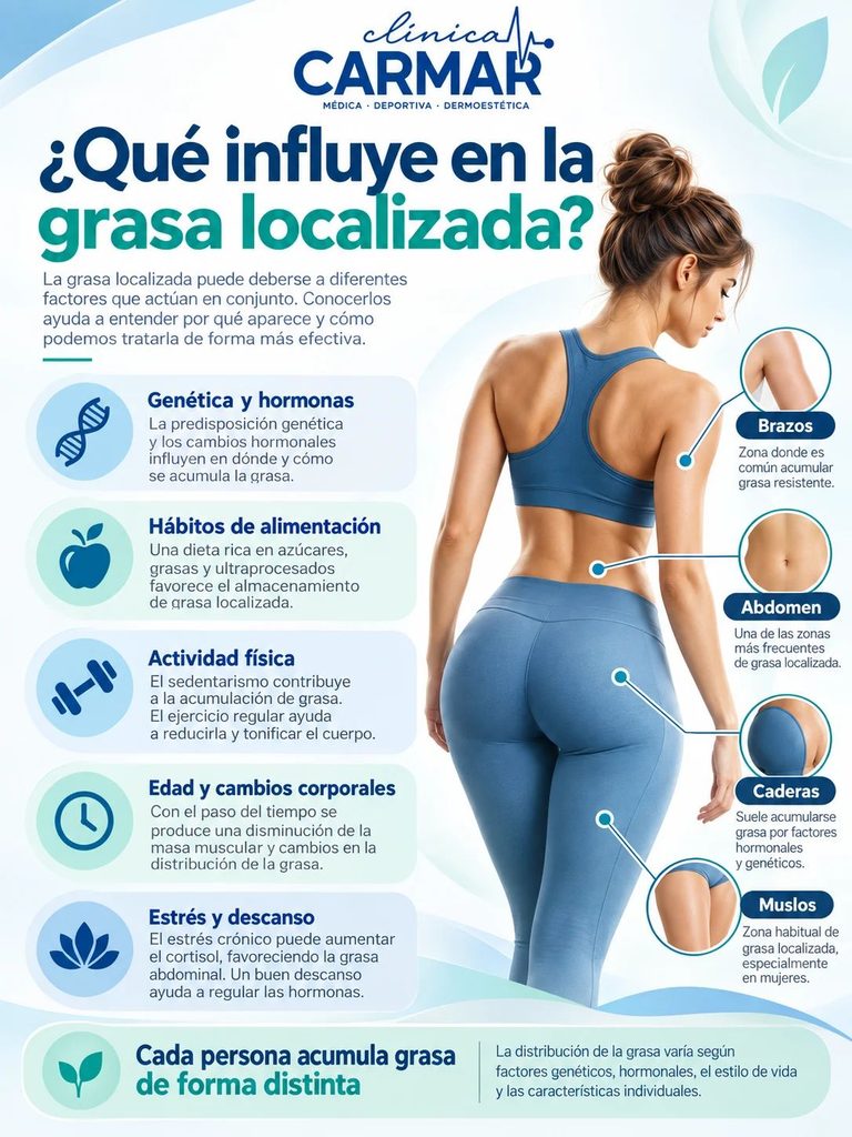 Infografía sobre los factores que influyen en la grasa localizada y las zonas del cuerpo donde puede acumularse