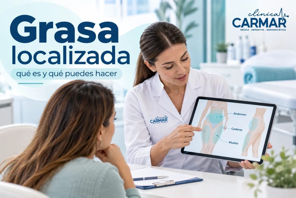 Profesional explicando a una paciente las zonas de grasa localizada en abdomen, caderas y muslos