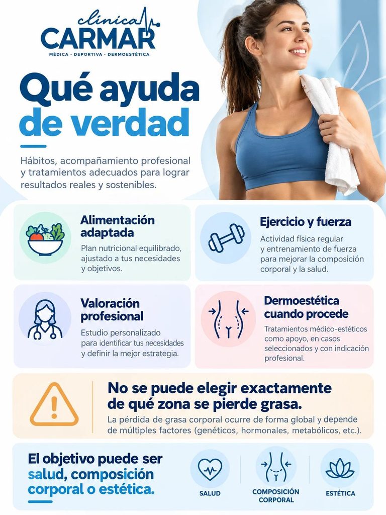 Infografía con alimentación, ejercicio, valoración profesional y dermoestética para abordar la grasa localizada