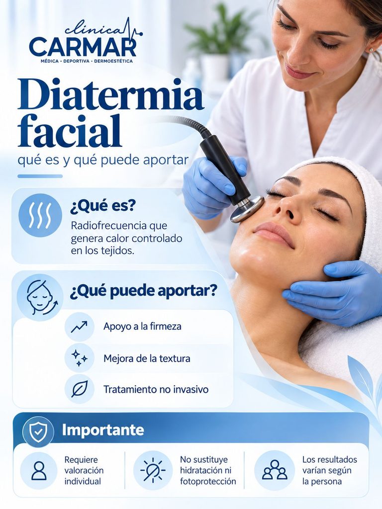 Infografía sobre qué es la diatermia facial, sus posibles aplicaciones y la importancia de la valoración individual