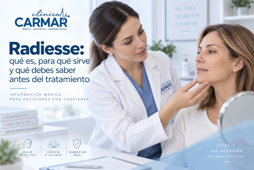 Doctora de Clínica Carmar valorando el rostro de una paciente en consulta de dermoestética para un tratamiento con Radiesse