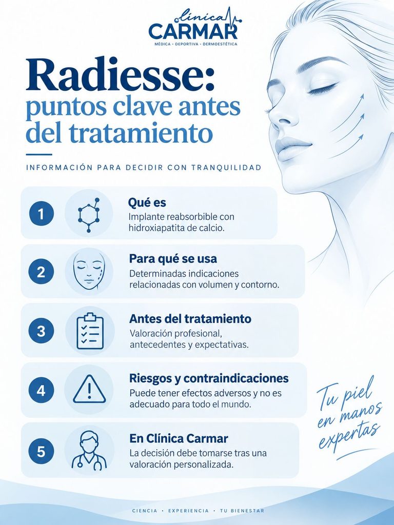 Infografía de Clínica Carmar con los puntos clave sobre Radiesse: qué es, para qué se usa, valoración previa, riesgos y decisión personalizada