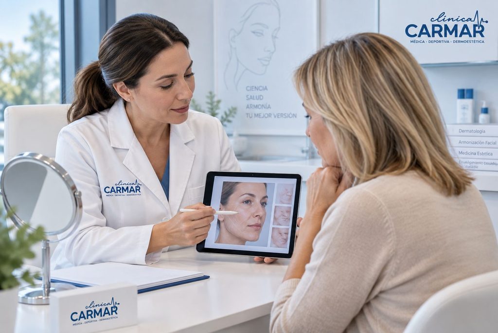 Consulta de dermoestética en Clínica Carmar con explicación personalizada sobre Radiesse y valoración facial previa al tratamiento