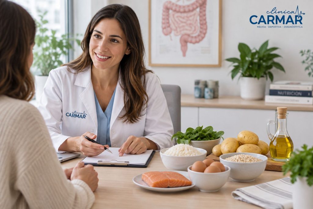 Consulta de nutrición en Clínica Carmar con alimentos recomendados para una dieta adaptada al SIBO