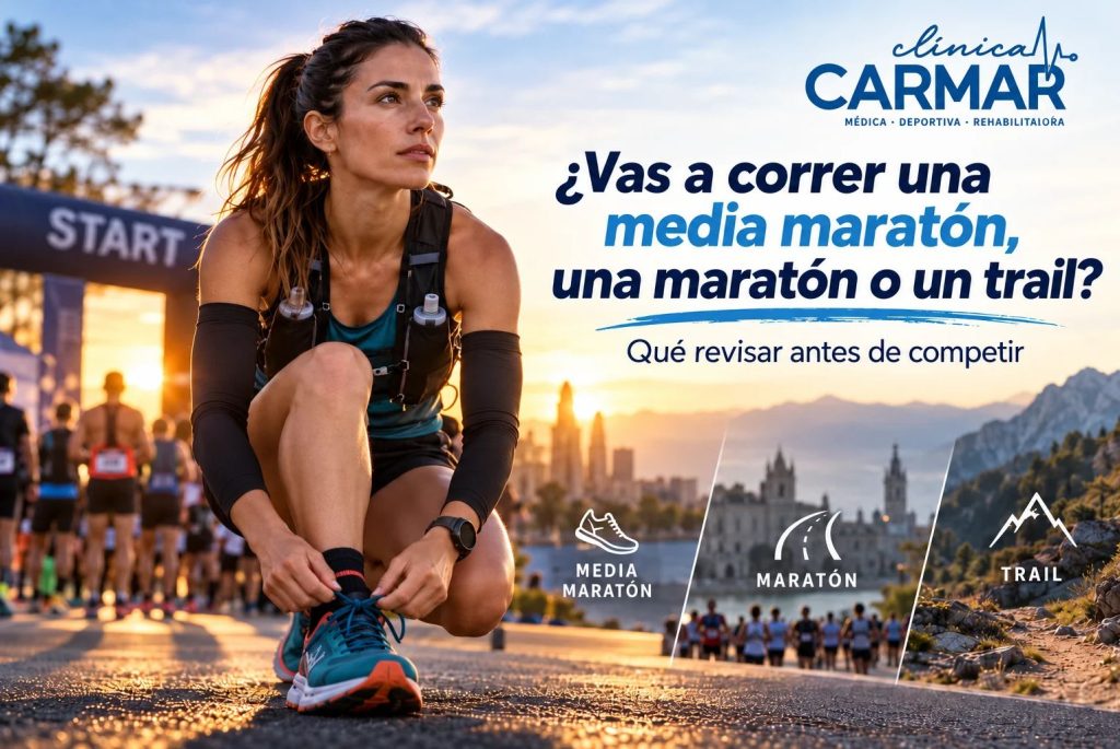 ¿Vas a correr una media maratón, una maratón o un trail? Qué revisar antes de competir Cada vez más corredores se marcan como objetivo completar una media maratón, una maratón o una prueba de trail. En Puertollano, además, la Media Maratón de la ciudad vuelve a poner estos días el foco en una distancia que exige preparación y muchas semanas de entrenamiento. Llegar a la línea de salida con kilómetros acumulados es importante, pero no es lo único que conviene tener en cuenta. El estado de salud, los antecedentes médicos, una lesión reciente, la aparición de síntomas durante los entrenamientos o el tipo de prueba que vamos a afrontar también pueden influir en la decisión de competir. Por eso, antes de una carrera exigente merece la pena hacerse una pregunta sencilla: ¿estoy preparado únicamente desde el punto de vista deportivo o también desde el punto de vista de la salud? Estar entrenado y estar preparado para competir no siempre significa lo mismo Una persona puede haber seguido correctamente su planificación y, sin embargo, llegar a las últimas semanas con una infección reciente, una lesión que todavía molesta o síntomas que no estaban presentes al comienzo de la preparación. Las pruebas de resistencia someten al organismo a un esfuerzo prolongado. Cuanto mayor es la distancia, la duración, el desnivel o la intensidad, más importante resulta adaptar el esfuerzo a las características de cada corredor. También cuenta la experiencia previa. No afronta la carrera desde la misma situación quien lleva años practicando deporte de resistencia que una persona que ha retomado recientemente el ejercicio o que ha aumentado mucho su carga de entrenamiento en poco tiempo. En estos casos, una valoración médico-deportiva puede ayudar a conocer mejor la situación del deportista y determinar si es necesario realizar alguna exploración adicional. Clínica Carmar dispone de un servicio específico de reconocimientos médicos deportivos en Puertollano. ¿Cuándo conviene valorar tu salud antes de una carrera? No existe una única prueba que necesiten todos los corredores ni puede establecerse la misma recomendación para cualquier persona. La decisión depende de factores como los antecedentes personales y familiares, enfermedades conocidas, medicación, características del entrenamiento y posibles síntomas relacionados con el ejercicio. Hay situaciones en las que resulta especialmente razonable consultar antes de enfrentarse a un esfuerzo intenso o prolongado. Entre ellas se encuentran la aparición durante el ejercicio de molestias en el pecho, mareos, sensación de desmayo, palpitaciones acompañadas de otros síntomas o una dificultad respiratoria que resulte claramente desproporcionada para el esfuerzo realizado. También merece una valoración individual quien tiene antecedentes médicos relevantes, ha pasado recientemente por una enfermedad que ha interrumpido su entrenamiento, vuelve a practicar deporte después de un periodo prolongado de inactividad o arrastra una lesión que sigue limitando la carrera. Los antecedentes familiares cardiovasculares también forman parte de la información que el médico tiene en cuenta durante una evaluación. Las recomendaciones actuales de la American Heart Association y el American College of Cardiology sitúan la historia clínica y la exploración física entre los componentes principales de la valoración cardiovascular previa a la participación deportiva y plantean pruebas adicionales según los hallazgos y las características de cada deportista. JACC ¿Qué puede incluir una valoración médico-deportiva? La valoración no consiste necesariamente en aplicar el mismo conjunto de pruebas a todo el mundo. El médico decide qué exploraciones pueden aportar información en cada caso. Historia clínica deportiva Es uno de los puntos de partida. Se revisan enfermedades previas, antecedentes familiares, lesiones, medicación, síntomas durante el ejercicio y características de la actividad física que practica la persona. También interesa conocer la experiencia deportiva y cómo está respondiendo el organismo al entrenamiento. Un síntoma que aparece corriendo y desaparece al detenerse, por ejemplo, no debería ignorarse simplemente porque el deportista pueda completar sus sesiones habituales. Exploración física La exploración permite valorar distintos aspectos en función de la persona y del motivo de la consulta. Puede incluir, entre otros elementos, la presión arterial y una exploración cardiovascular, respiratoria y del aparato locomotor. No pretende predecir todo lo que pueda suceder durante una carrera. Su utilidad está en aportar información que, junto con los antecedentes y los síntomas, ayude al médico a decidir si es necesario estudiar algún aspecto con mayor profundidad. Electrocardiograma El electrocardiograma o ECG registra la actividad eléctrica del corazón. Puede formar parte de una valoración médico-deportiva y aportar información relevante, especialmente cuando se interpreta teniendo en cuenta la edad, los antecedentes, los síntomas y las características del deportista. Tampoco debe entenderse como una prueba que, por sí sola, descarte cualquier problema cardiovascular. Prueba de esfuerzo La prueba de esfuerzo estudia la respuesta del organismo durante un ejercicio progresivo y permite valorar aspectos como la respuesta cardiovascular, la aparición de determinados síntomas durante el esfuerzo y la capacidad funcional. Puede estar indicada en determinados deportistas, pero no todas las personas que van a correr una media maratón necesitan necesariamente las mismas pruebas. En Clínica Carmar puedes consultar información específica sobre las pruebas de esfuerzo para el deporte. ¿Reconocimiento médico y prueba de esfuerzo son lo mismo? No. Un reconocimiento médico deportivo es una valoración más amplia. Puede incluir historia clínica, exploración y diferentes pruebas según las características y necesidades de la persona. La prueba de esfuerzo es una herramienta concreta que puede formar parte de esa evaluación cuando el médico considera que está indicada. Esta diferencia es importante porque a veces se utiliza «prueba de esfuerzo» como sinónimo de reconocimiento deportivo y no son exactamente lo mismo. Tampoco debe confundirse la conveniencia médica de realizar una valoración con la obligación administrativa de presentar un certificado. Algunas competiciones pueden exigir determinados documentos y otras no. En nuestro artículo sobre si el reconocimiento médico deportivo es obligatorio para maratones y competiciones explicamos esa cuestión con más detalle. La semana de la carrera: qué conviene comprobar Cuando la mayor parte del entrenamiento ya está hecha, intentar recuperar a última hora lo que no se ha entrenado suele aportar poco y puede añadir fatiga. En esos últimos días resulta más útil prestar atención a cómo llega el cuerpo a la competición. Una fiebre reciente, una infección de la que todavía no nos hemos recuperado, una lesión que modifica nuestra forma de correr o la aparición de síntomas nuevos pueden cambiar una decisión que parecía clara unas semanas antes. También conviene evitar experimentos. Las zapatillas, ropa, alimentación o estrategia de hidratación deberían haberse probado previamente durante los entrenamientos. Las condiciones ambientales también importan. Correr con calor, humedad o frío intenso puede modificar considerablemente las demandas de una prueba, especialmente cuando el esfuerzo va a prolongarse durante varias horas. Media maratón, maratón y trail: tres retos diferentes Aunque las tres disciplinas son pruebas de resistencia, sus exigencias no son idénticas. Una media maratón supone recorrer 21,0975 kilómetros. Para muchos corredores populares representa el primer salto importante desde distancias más cortas. En una maratón, los 42,195 kilómetros hacen que la duración del esfuerzo, la fatiga acumulada y la gestión del ritmo tengan todavía más peso. El trail running introduce otras variables. El desnivel, la superficie irregular, las bajadas, la altitud en algunas pruebas y unas condiciones ambientales más variables pueden cambiar por completo la exigencia respecto a una carrera sobre asfalto. Por eso, hablar únicamente de kilómetros resulta insuficiente. Dos pruebas de una distancia similar pueden exigir respuestas muy distintas según el terreno, desnivel, temperatura, duración prevista y experiencia del corredor. Señales durante una carrera que no conviene ignorar Una competición invita a seguir adelante incluso cuando aparecen molestias. Sin embargo, terminar la carrera nunca debería estar por encima de la salud. Determinados síntomas pueden justificar detener el esfuerzo y solicitar asistencia médica, especialmente cuando son intensos, aparecen de forma inesperada o son claramente diferentes a las sensaciones habituales del entrenamiento. Entre las situaciones que requieren especial atención se encuentran el dolor o presión en el pecho, la pérdida de conocimiento o sensación intensa de desmayo, una dificultad respiratoria desproporcionada, palpitaciones acompañadas de malestar u otros síntomas importantes y la aparición de alteraciones neurológicas. No es posible diagnosticar la causa de estos síntomas durante una carrera a través de una lista. Ante una situación preocupante, lo adecuado es interrumpir el esfuerzo y solicitar asistencia sanitaria. ¿Qué ocurre si has estado enfermo o lesionado recientemente? Haber completado casi todo el plan de entrenamiento no obliga a tomar la salida. Una enfermedad o una lesión pueden cambiar la situación del corredor incluso pocos días antes de la competición. La decisión de volver a entrenar o competir debe valorar qué problema ha ocurrido, su evolución, los síntomas actuales y las exigencias de la prueba. Especialmente después de una lesión, acelerar el regreso únicamente para no perder una carrera puede hacer que el deportista compense movimientos, aumente molestias o no tolere todavía correctamente la carga. No existe un plazo universal válido para volver a competir. Ante una lesión reciente o una enfermedad que haya afectado de forma significativa al entrenamiento, una valoración profesional puede ayudar a decidir con más información. Y después de cruzar la meta, ¿qué? La recuperación también forma parte de la carrera. Cansancio y molestias musculares pueden aparecer después de un esfuerzo prolongado. Lo importante es observar cómo evolucionan y no normalizar síntomas intensos, inesperados o persistentes simplemente porque acabamos de realizar una competición exigente. Si tras la prueba aparecen síntomas preocupantes o una molestia no evoluciona como cabría esperar, conviene solicitar valoración. El mismo criterio sirve para volver al entrenamiento: terminar una carrera no significa que el organismo esté preparado inmediatamente para recuperar la carga habitual. Un reconocimiento médico no garantiza que nunca vaya a ocurrir un problema Este matiz es importante. Una valoración médico-deportiva puede aportar información útil sobre la situación del corredor, detectar hallazgos que requieren más estudio y ayudar a tomar decisiones individualizadas. Pero ningún reconocimiento puede garantizar un riesgo cero durante una competición. La medicina deportiva trabaja precisamente con esa realidad: valorar a la persona, su salud, sus antecedentes y el deporte que practica para tomar decisiones lo mejor fundamentadas posible. Por eso, el reconocimiento no debería verse como un trámite para obtener un «todo está perfecto», sino como una oportunidad para conocer mejor el punto de partida y plantear el ejercicio de acuerdo con las características de cada deportista. Preparar una carrera también implica saber cuándo consultar Correr una media maratón, una maratón o un trail puede ser un objetivo deportivo muy estimulante. La preparación, sin embargo, no acaba en el plan de entrenamiento. Escuchar síntomas nuevos, respetar una lesión o enfermedad reciente y conocer los antecedentes que pueden requerir una valoración también forman parte de una práctica deportiva responsable. Si estás preparando una prueba de resistencia y tienes antecedentes médicos, has retomado recientemente el ejercicio, notas síntomas durante tus entrenamientos o simplemente necesitas valorar tu situación antes de afrontar un esfuerzo importante, puedes solicitar una valoración de medicina deportiva en Clínica Carmar. Pedir cita en Clínica Carmar