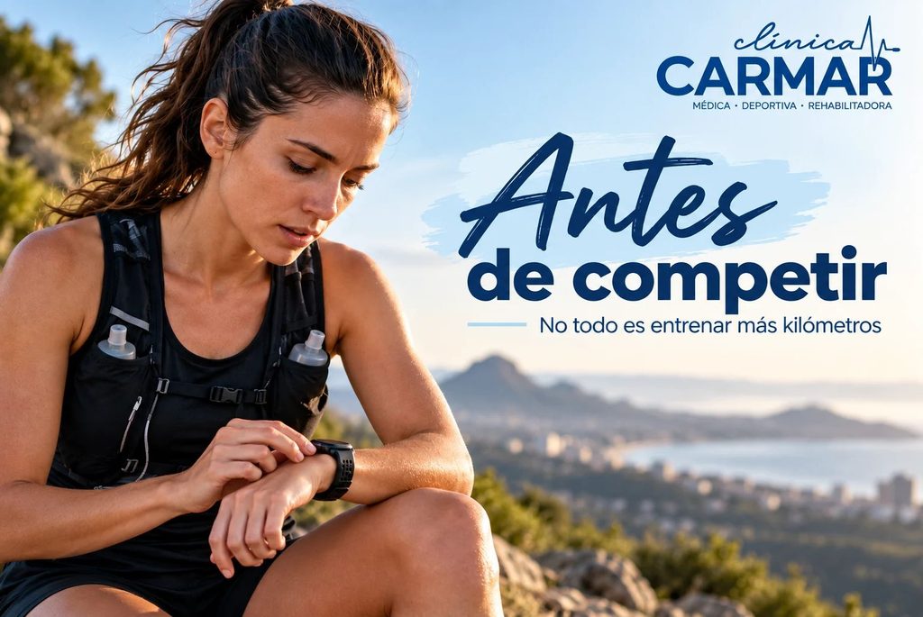 Corredora de trail revisando su reloj antes de competir