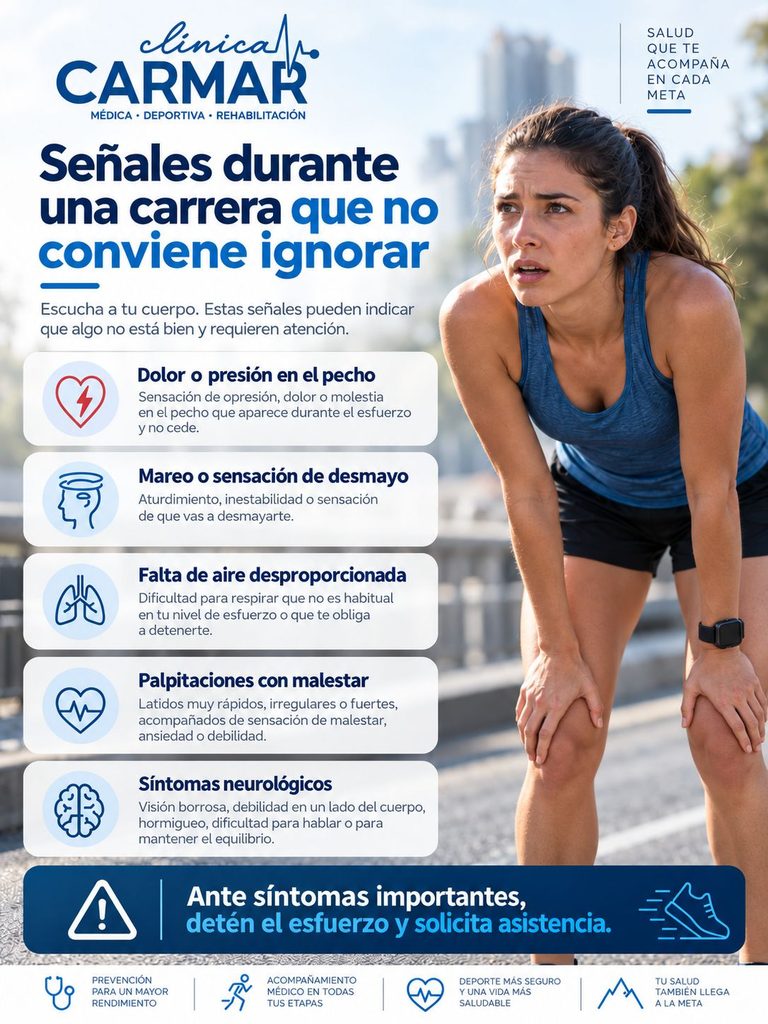 Infografía sobre síntomas durante una carrera que requieren detener el esfuerzo y solicitar asistencia