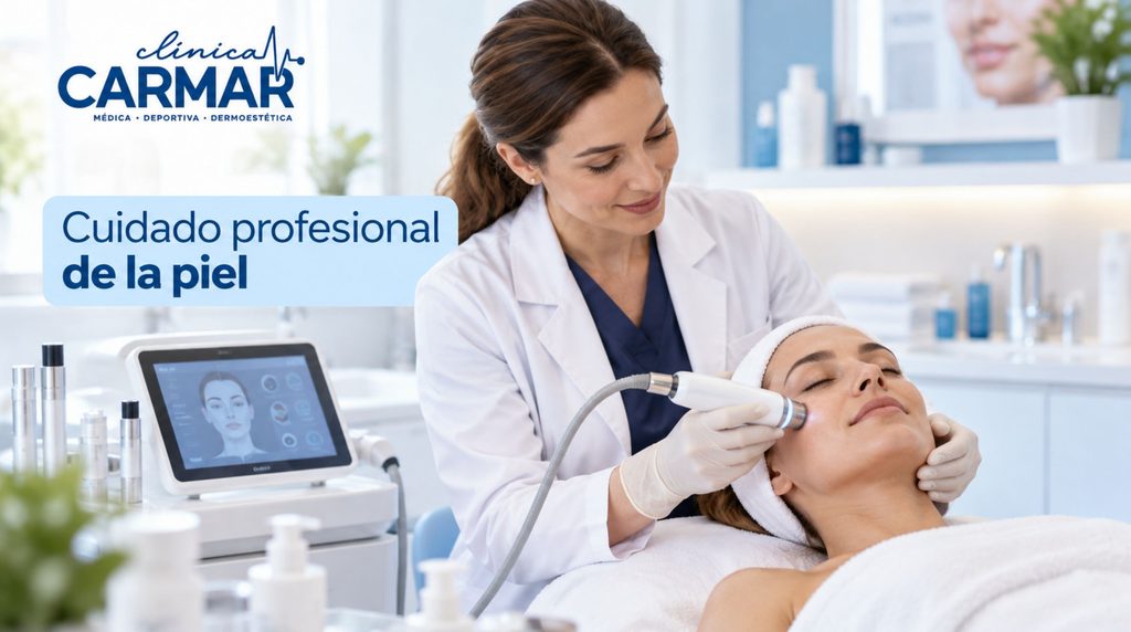 Profesional realizando un tratamiento facial con aparatología estética a una paciente