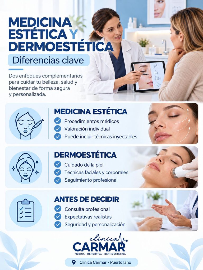 Infografía comparativa sobre medicina estética, dermoestética y recomendaciones de seguridad antes de un tratamiento