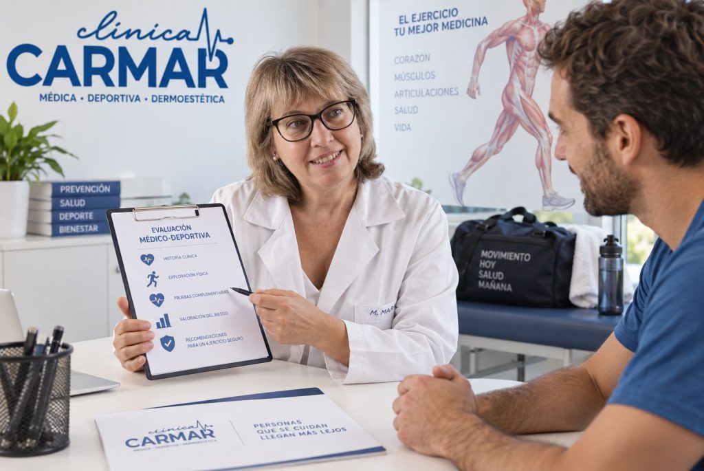 Menchu, médica del deporte en Clínica Carmar, explica una evaluación médico-deportiva a un paciente en consulta