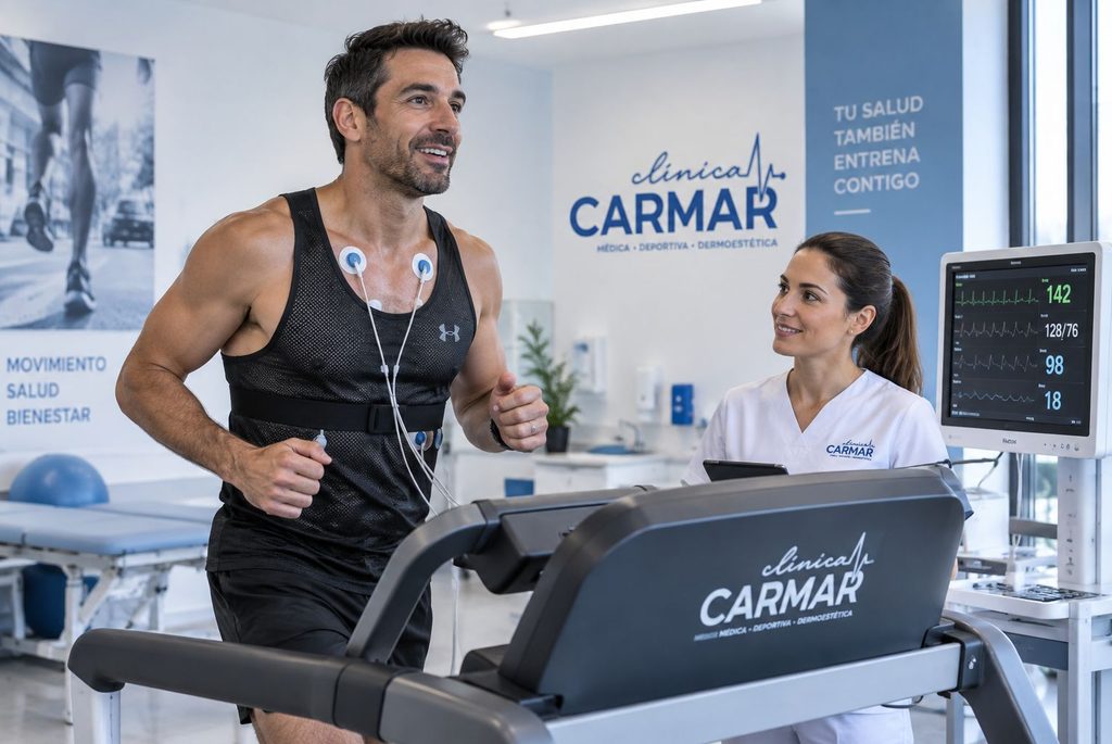 Paciente realizando una prueba de esfuerzo en cinta con control médico en Clínica Carmar