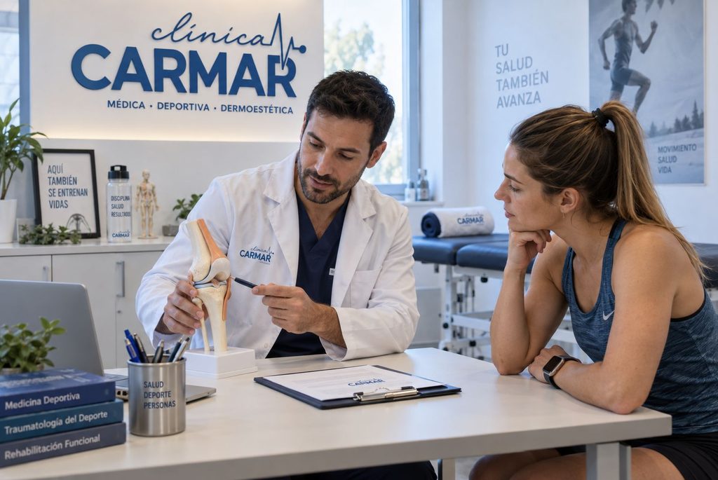 Médico del deporte explicando una lesión de rodilla a una paciente en consulta de Clínica Carmar