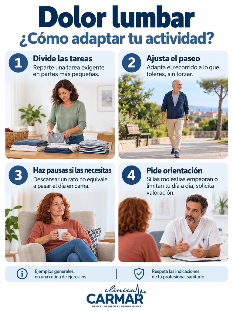 Ejemplos para dividir tareas, adaptar los paseos, hacer pausas y solicitar orientación ante el dolor lumbar