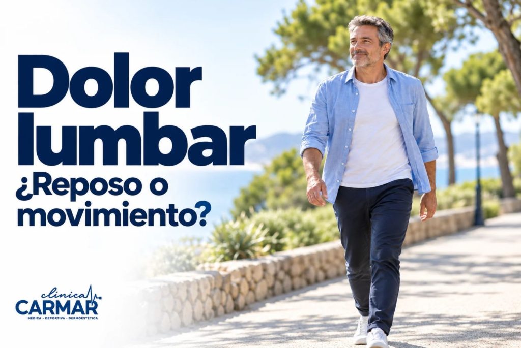 Hombre adulto caminando por un parque junto al título «Dolor lumbar: ¿reposo o movimiento?»