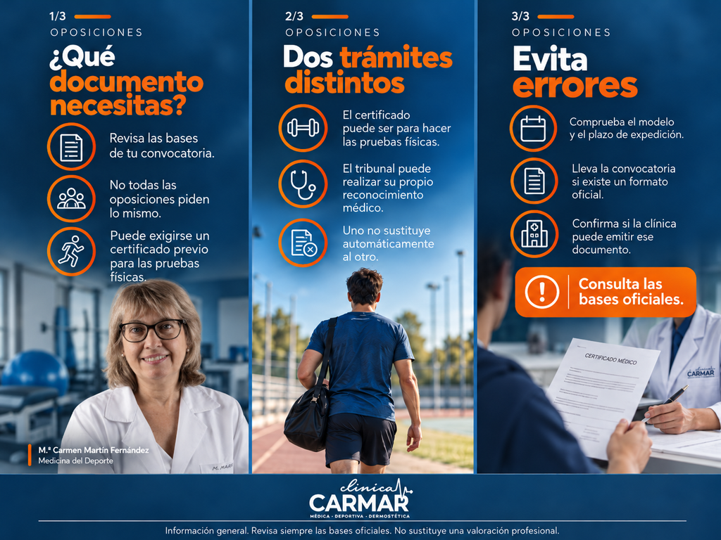Infografía de Clínica Carmar sobre el reconocimiento médico para oposiciones: certificados, diferencias entre trámites y errores que debes evitar, con la Dra. M.ª Carmen Martín Fernández.