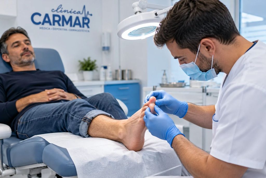 Podólogo con guantes examinando una uña del pie de un paciente en consulta