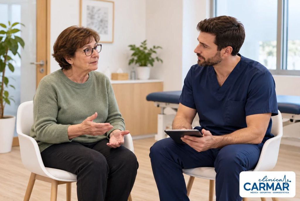 Mujer conversando con un fisioterapeuta durante una valoración en consulta