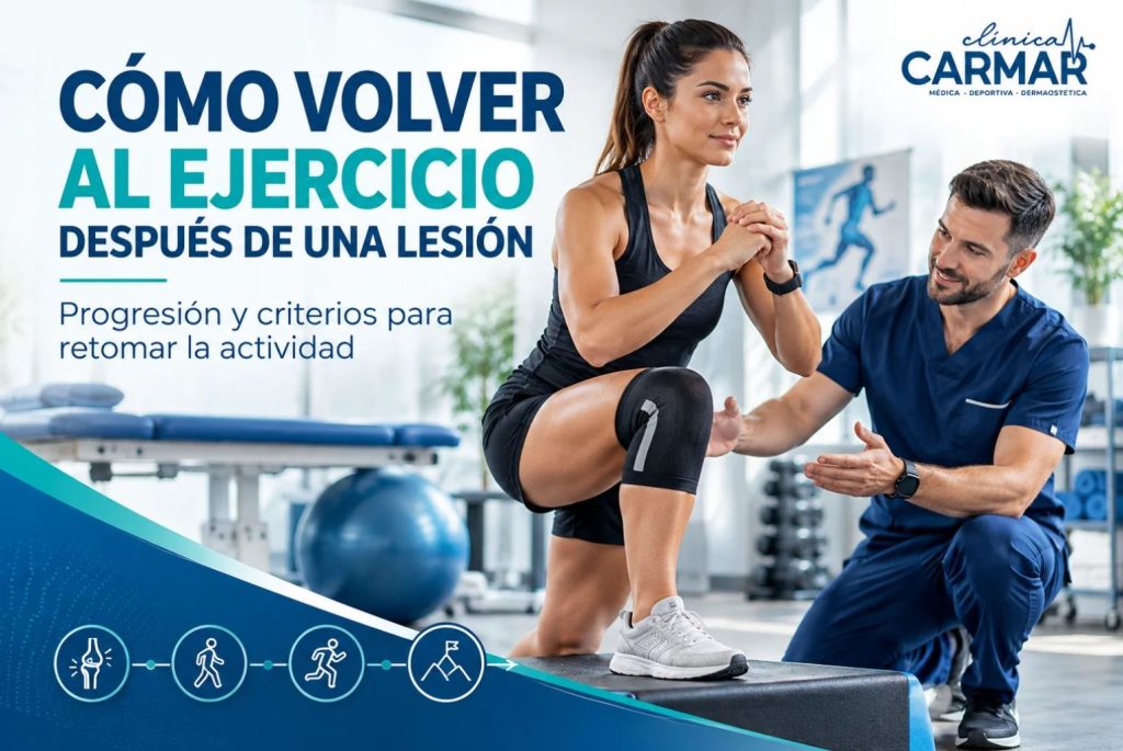 Mujer retomando ejercicio tras una lesión con supervisión profesional en Clínica Carmar