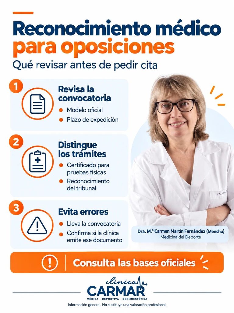Infografía de Clínica Carmar con Menchu sobre los requisitos del certificado médico para oposiciones, plazos y diferencias con el reconocimiento del tribunal.