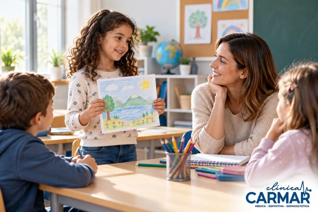 Niña mostrando un dibujo y conversando con su docente y compañeros en el aula.